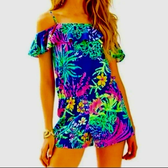 Lilly Pulitzer Pants - LILLY PULITZER Blue Floral Ruffle “Klea Off the Shoulder Romper”
